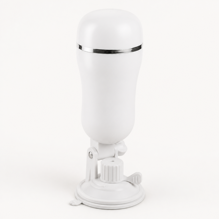Hands-free male masturbator with adjustable white suction stand