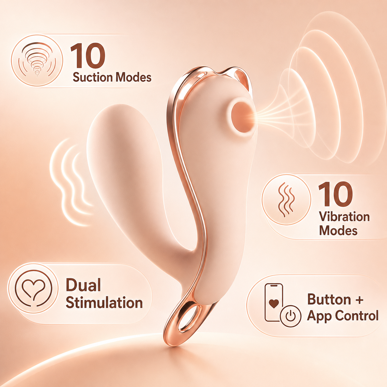 Ten suction patterns and ten vibration patterns with dual stimulation