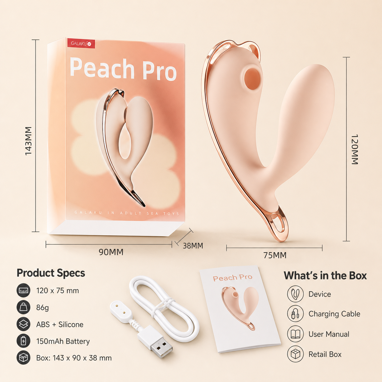 GALAKU Peach Pro dimensions specifications and confirmed box contents